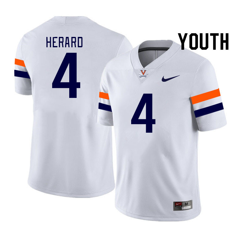 Youth #4 Dave Herard Virginia Cavaliers College Football Jerseys Stitched Sale-White - Click Image to Close